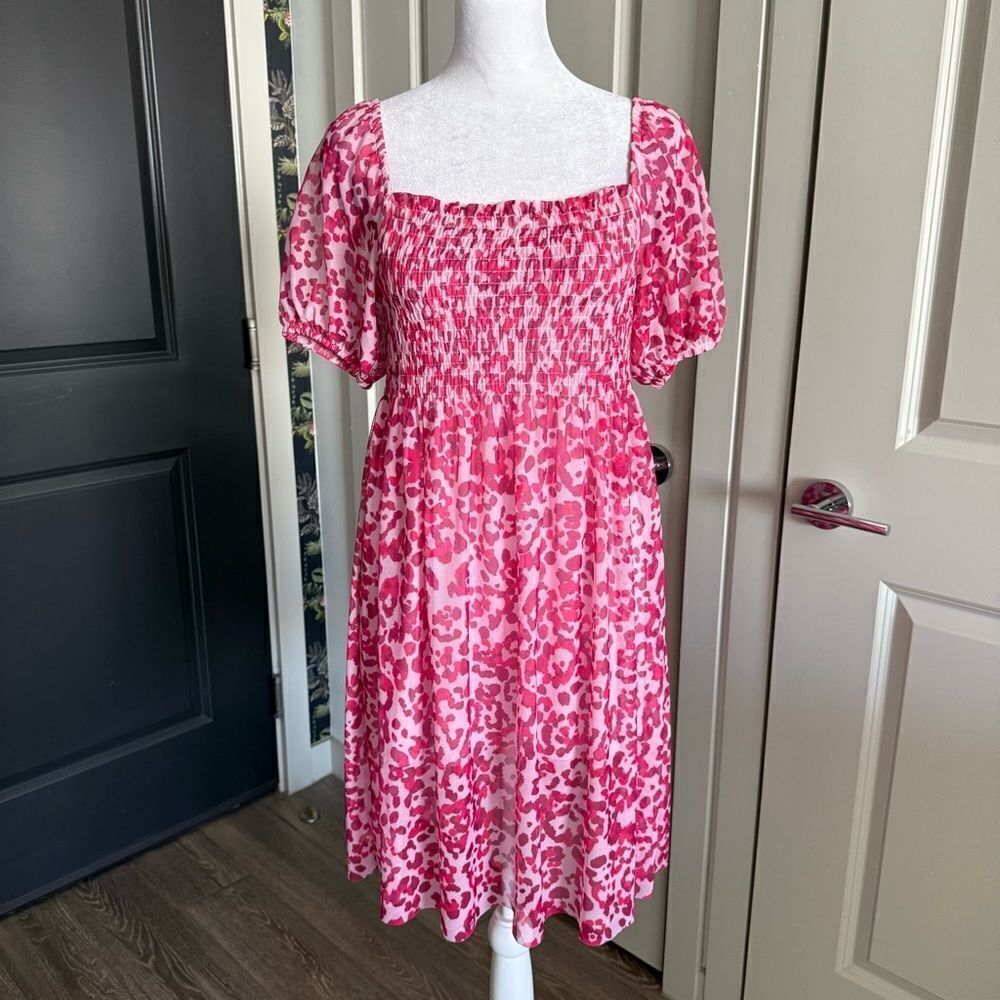 BAUM UND PFERDGERTEN Pink Leopard Print Smocked Babydoll Mini Dress Size XS